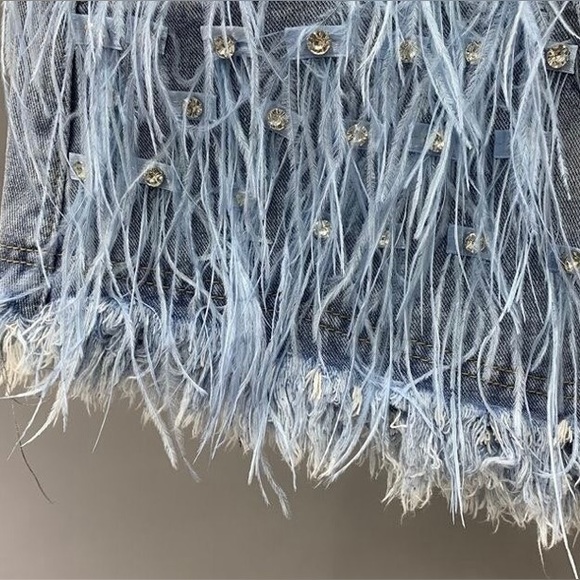 Tassel Inlaid Denim Shorts A-line Shorts Rhinestone Ostrich Feather Frayed - Picture 3 of 15